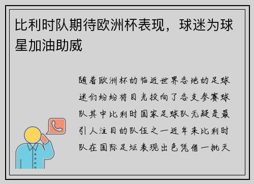 比利时队期待欧洲杯表现，球迷为球星加油助威