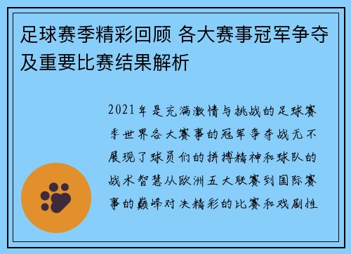 足球赛季精彩回顾 各大赛事冠军争夺及重要比赛结果解析